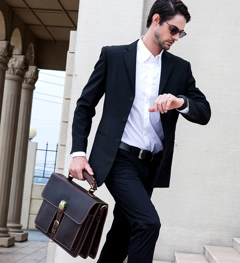 Luxury Fashion 100% Genuine Leather Men Briefcase Cow Leather Laptop Bag Vintage Shoulder Bag Real Cowhide Computer Bag 15.6"