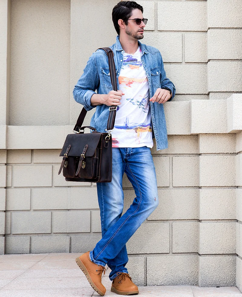 Luxury Fashion 100% Genuine Leather Men Briefcase Cow Leather Laptop Bag Vintage Shoulder Bag Real Cowhide Computer Bag 15.6"