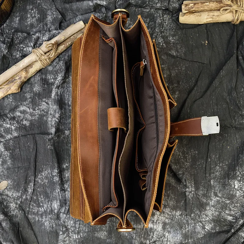 Luxury Fashion 100% Genuine Leather Men Briefcase Cow Leather Laptop Bag Vintage Shoulder Bag Real Cowhide Computer Bag 15.6"