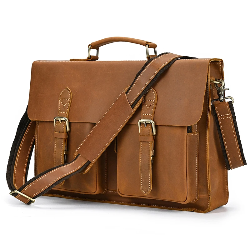 Luxury Fashion 100% Genuine Leather Men Briefcase Cow Leather Laptop Bag Vintage Shoulder Bag Real Cowhide Computer Bag 15.6"