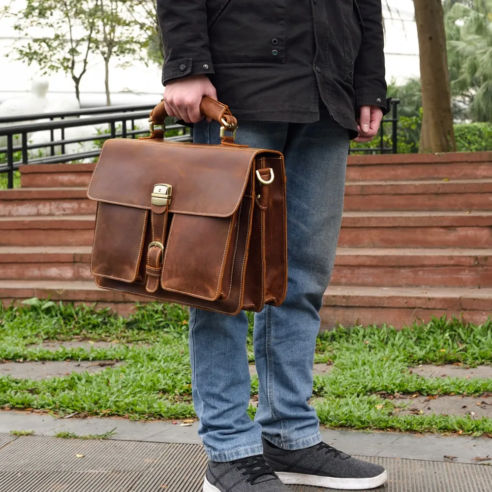 Luxury Fashion 100% Genuine Leather Men Briefcase Cow Leather Laptop Bag Vintage Shoulder Bag Real Cowhide Computer Bag 15.6"