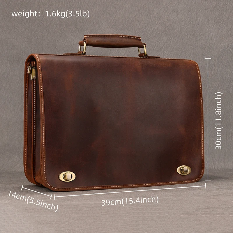Luxury Fashion 100% Genuine Leather Men Briefcase Cow Leather Laptop Bag Vintage Shoulder Bag Real Cowhide Computer Bag 15.6"