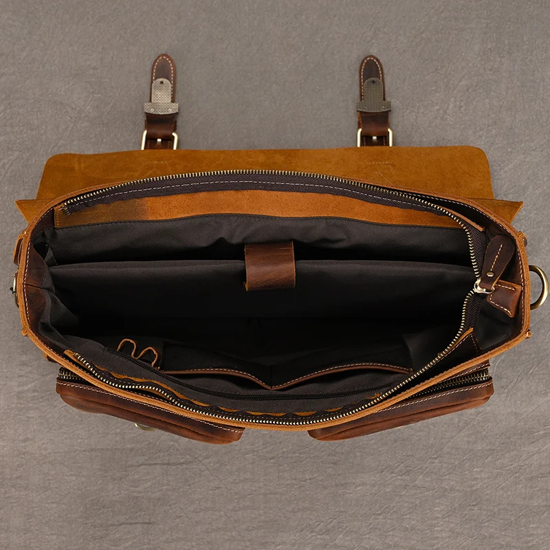 Luxury Fashion 100% Genuine Leather Men Briefcase Cow Leather Laptop Bag Vintage Shoulder Bag Real Cowhide Computer Bag 15.6"