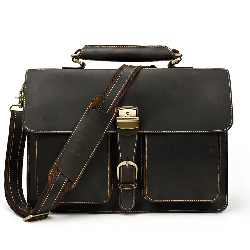 Luxury Fashion 100% Genuine Leather Men Briefcase Cow Leather Laptop Bag Vintage Shoulder Bag Real Cowhide Computer Bag 15.6"