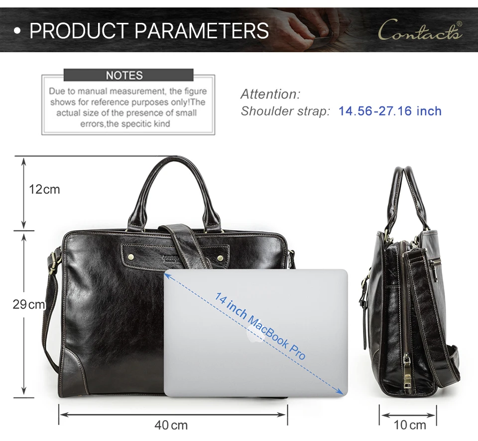 CONTACT'S Genuine Leather Business Bags for Men Luxury Designer Briefcase Office Bag Male Tote Laptop Bags for 14" Macbook Pro