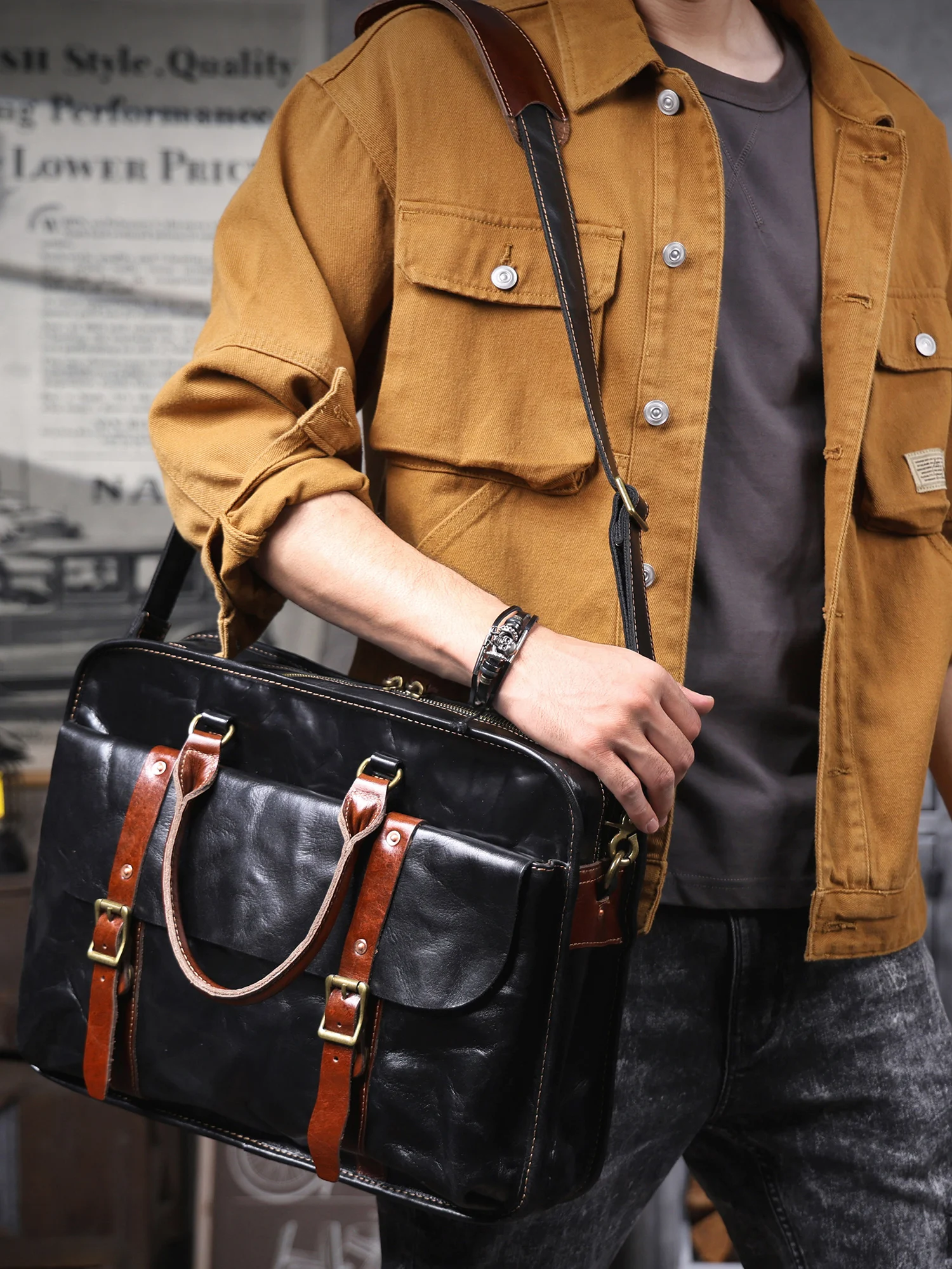 Genuine Leather Men's Brifecase 15 Inch Laptop Bags Simple Cowhide Messenger Bag Vegetable-tanned Leather Business Casual Style