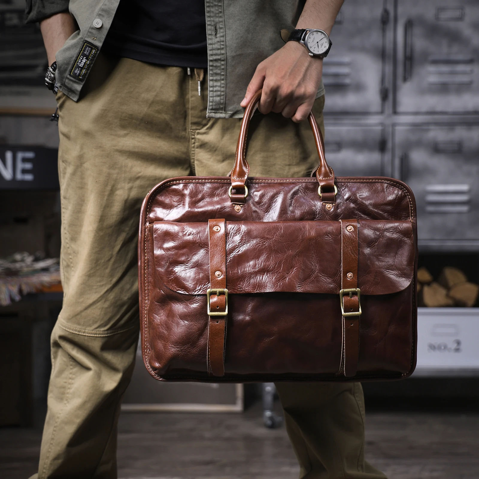 Genuine Leather Men's Brifecase 15 Inch Laptop Bags Simple Cowhide Messenger Bag Vegetable-tanned Leather Business Casual Style