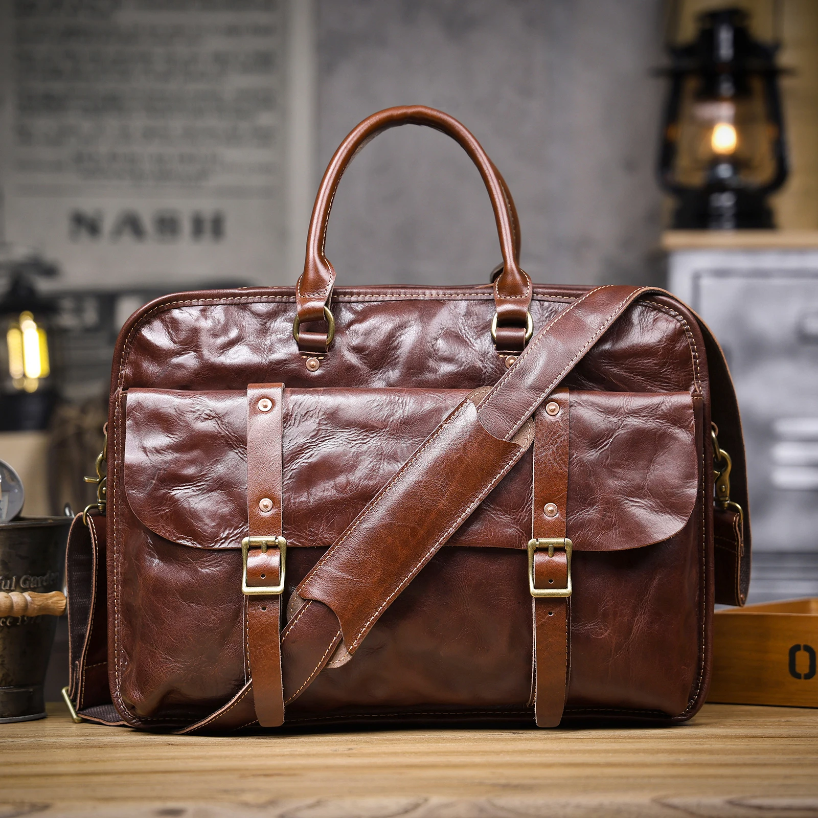 Genuine Leather Men's Brifecase 15 Inch Laptop Bags Simple Cowhide Messenger Bag Vegetable-tanned Leather Business Casual Style