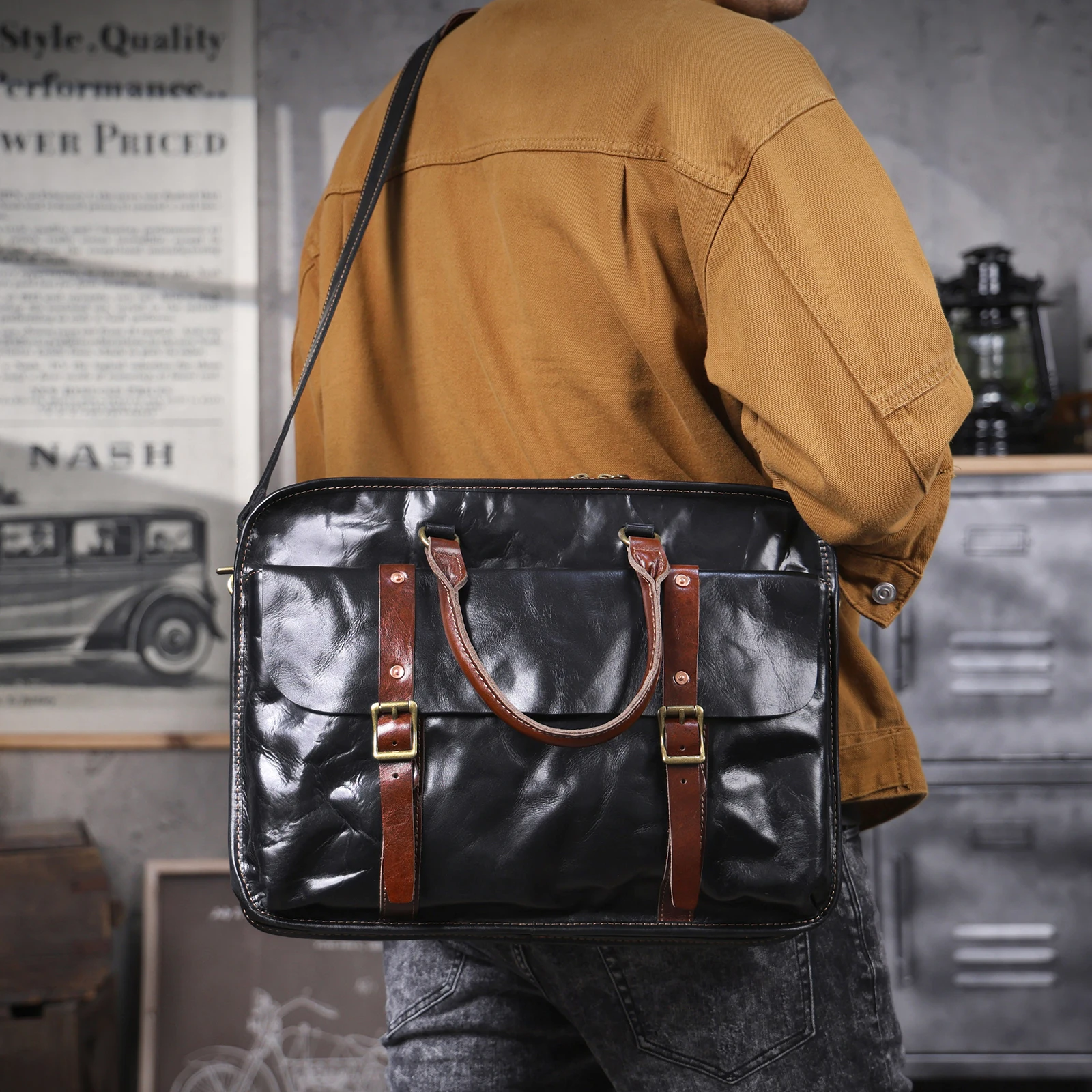 Genuine Leather Men's Brifecase 15 Inch Laptop Bags Simple Cowhide Messenger Bag Vegetable-tanned Leather Business Casual Style