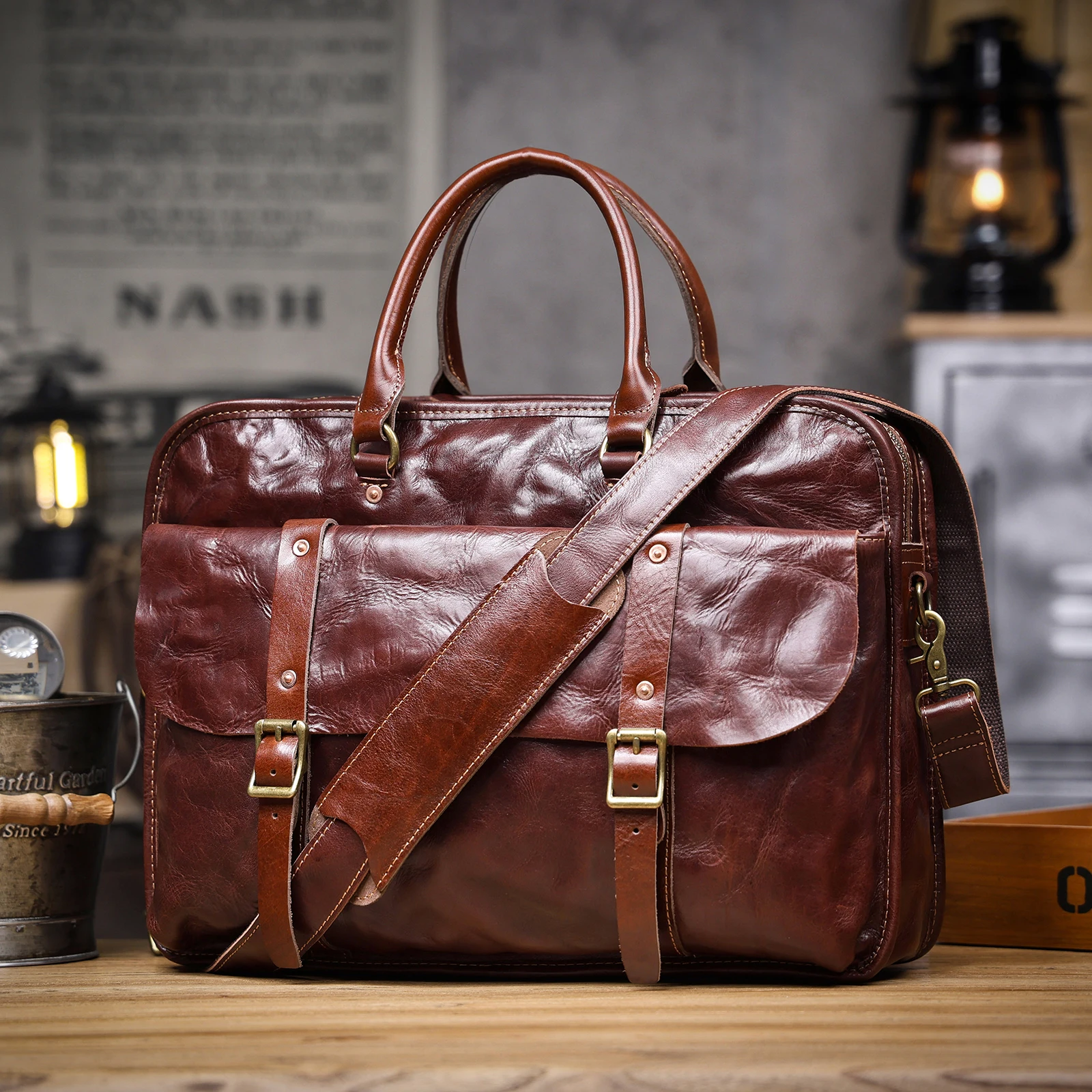 Genuine Leather Men's Brifecase 15 Inch Laptop Bags Simple Cowhide Messenger Bag Vegetable-tanned Leather Business Casual Style