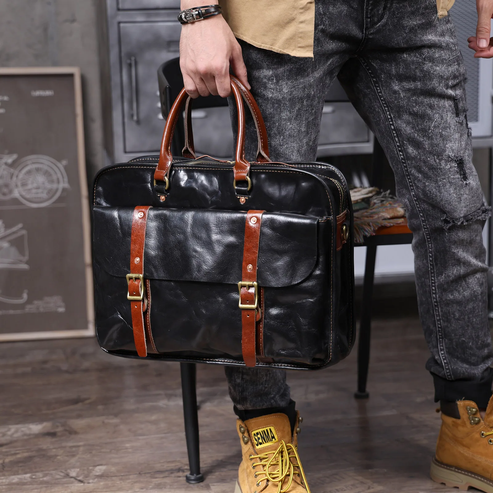 Genuine Leather Men's Brifecase 15 Inch Laptop Bags Simple Cowhide Messenger Bag Vegetable-tanned Leather Business Casual Style