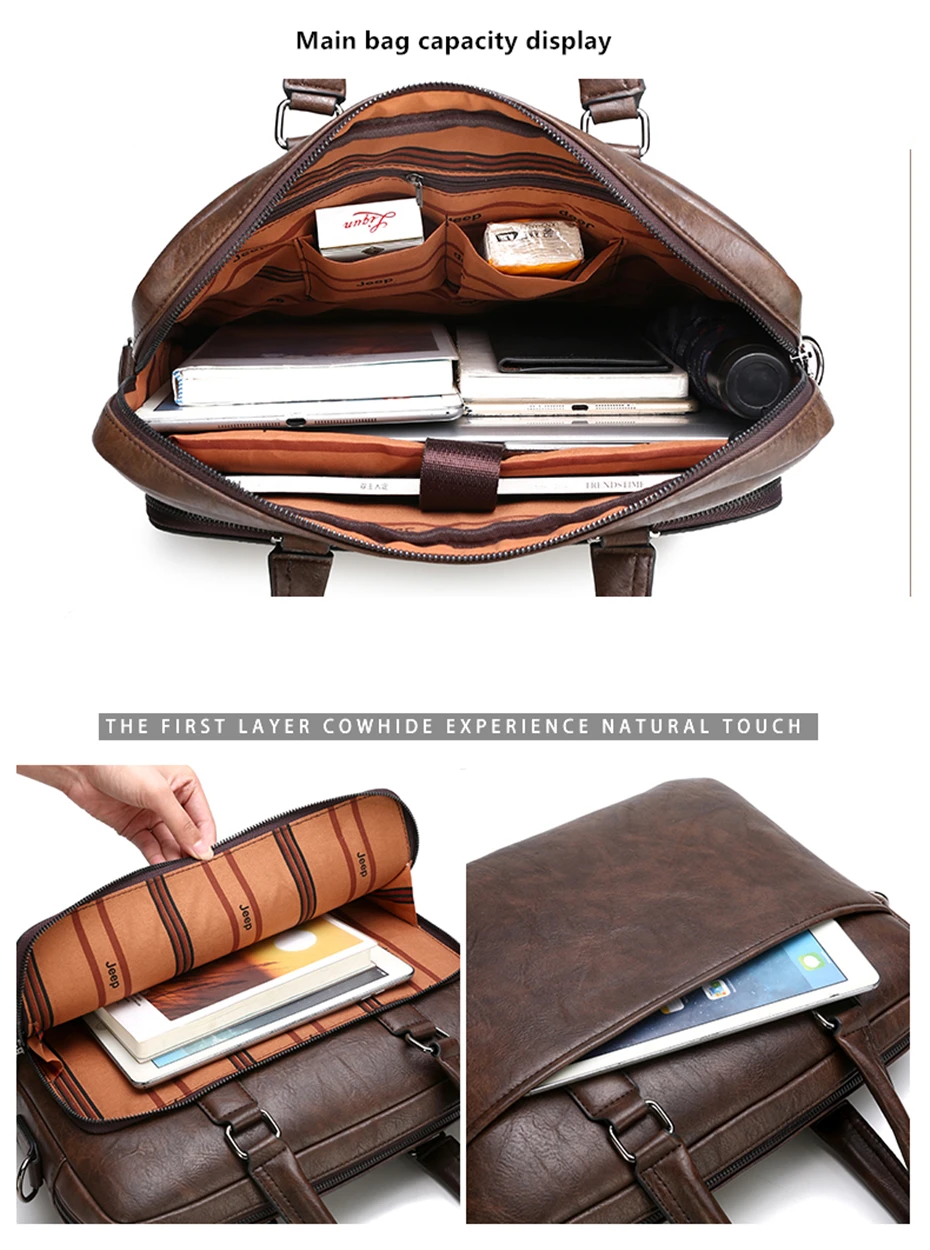 JEEP BULUO High Quality 14 In Laptop Business Bag Men Briefcases For Man Handbags Split Leather Office Large Capacity Bags