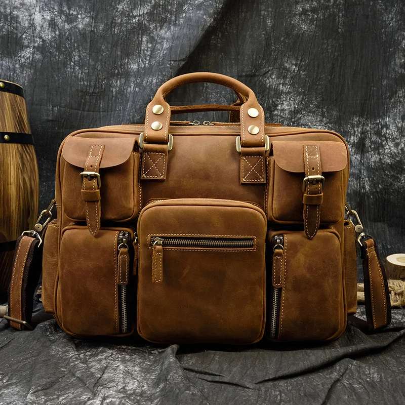 Vintage Men Crazy Horse Leather Briefcase Large Laptop Genuine Leather Business Bag Work Tote Travel Bag Cowhide Messenger Bag