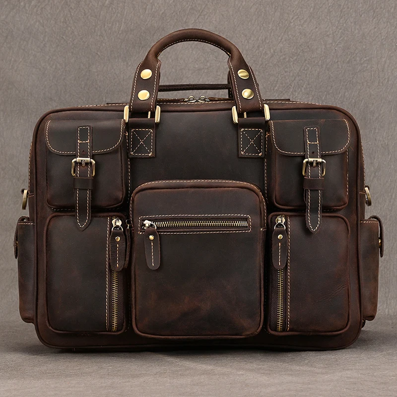 Vintage Men Crazy Horse Leather Briefcase Large Laptop Genuine Leather Business Bag Work Tote Travel Bag Cowhide Messenger Bag