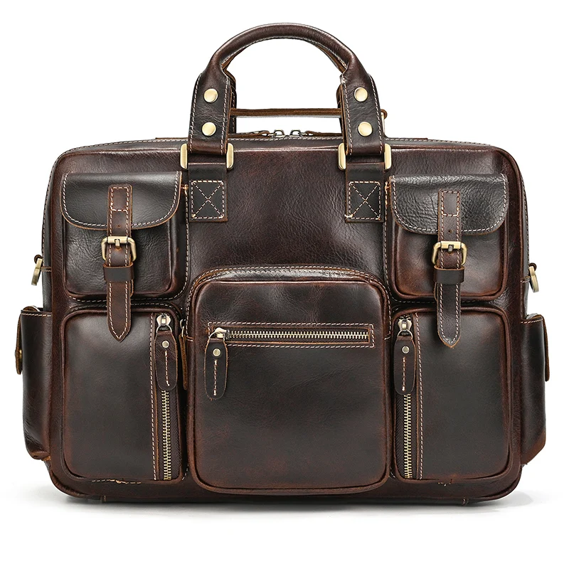 Vintage Men Crazy Horse Leather Briefcase Large Laptop Genuine Leather Business Bag Work Tote Travel Bag Cowhide Messenger Bag