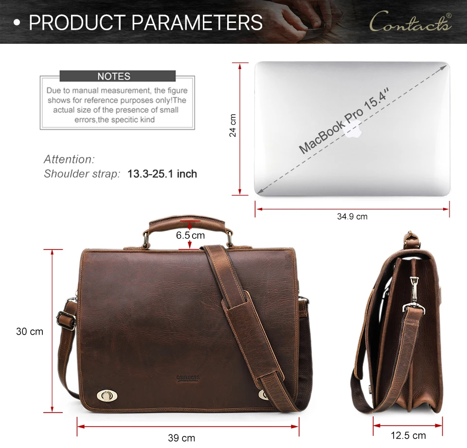CONTACT'S Business Men Briefcase Crazy Horse Leather Shoulder Messenger Bags Luxury Brand Latop Bag for 15.6 inch Tote Handbags