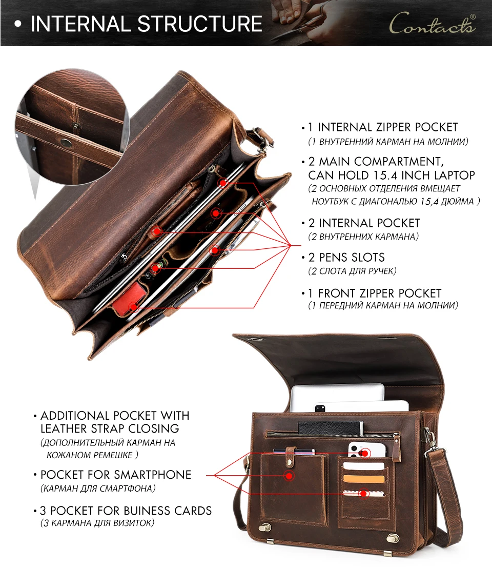 CONTACT'S Business Men Briefcase Crazy Horse Leather Shoulder Messenger Bags Luxury Brand Latop Bag for 15.6 inch Tote Handbags