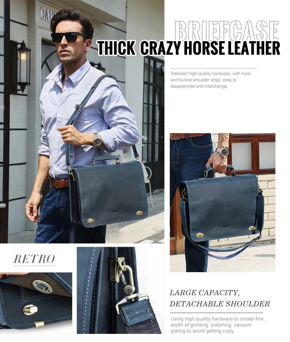 CONTACT'S Business Men Briefcase Crazy Horse Leather Shoulder Messenger Bags Luxury Brand Latop Bag for 15.6 inch Tote Handbags