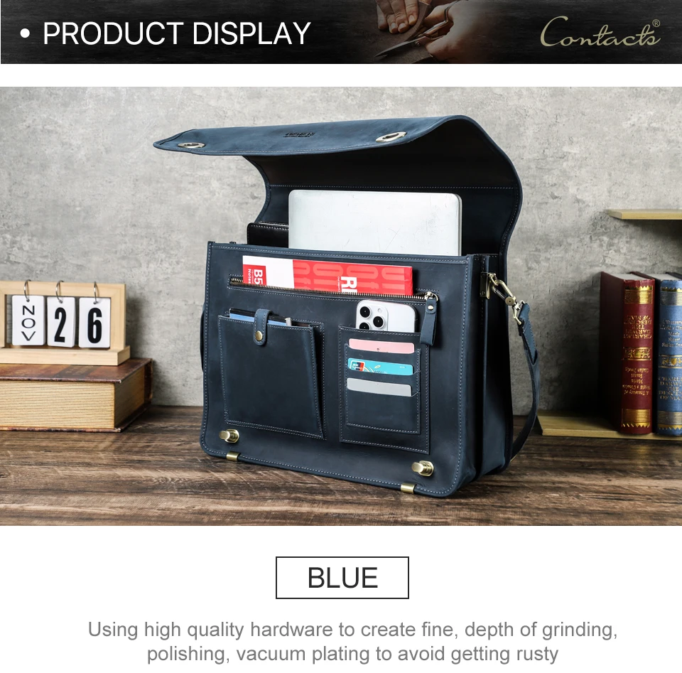 CONTACT'S Business Men Briefcase Crazy Horse Leather Shoulder Messenger Bags Luxury Brand Latop Bag for 15.6 inch Tote Handbags