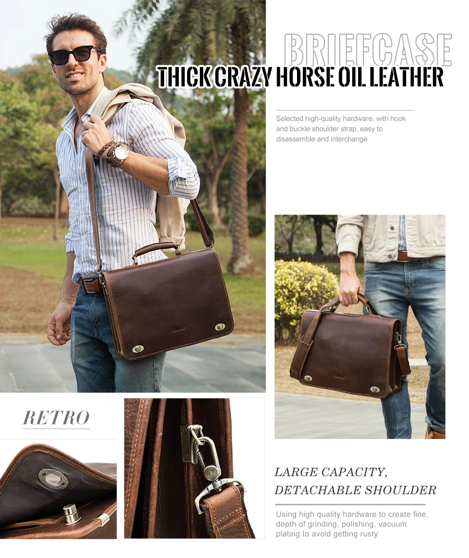 CONTACT'S Business Men Briefcase Crazy Horse Leather Shoulder Messenger Bags Luxury Brand Latop Bag for 15.6 inch Tote Handbags