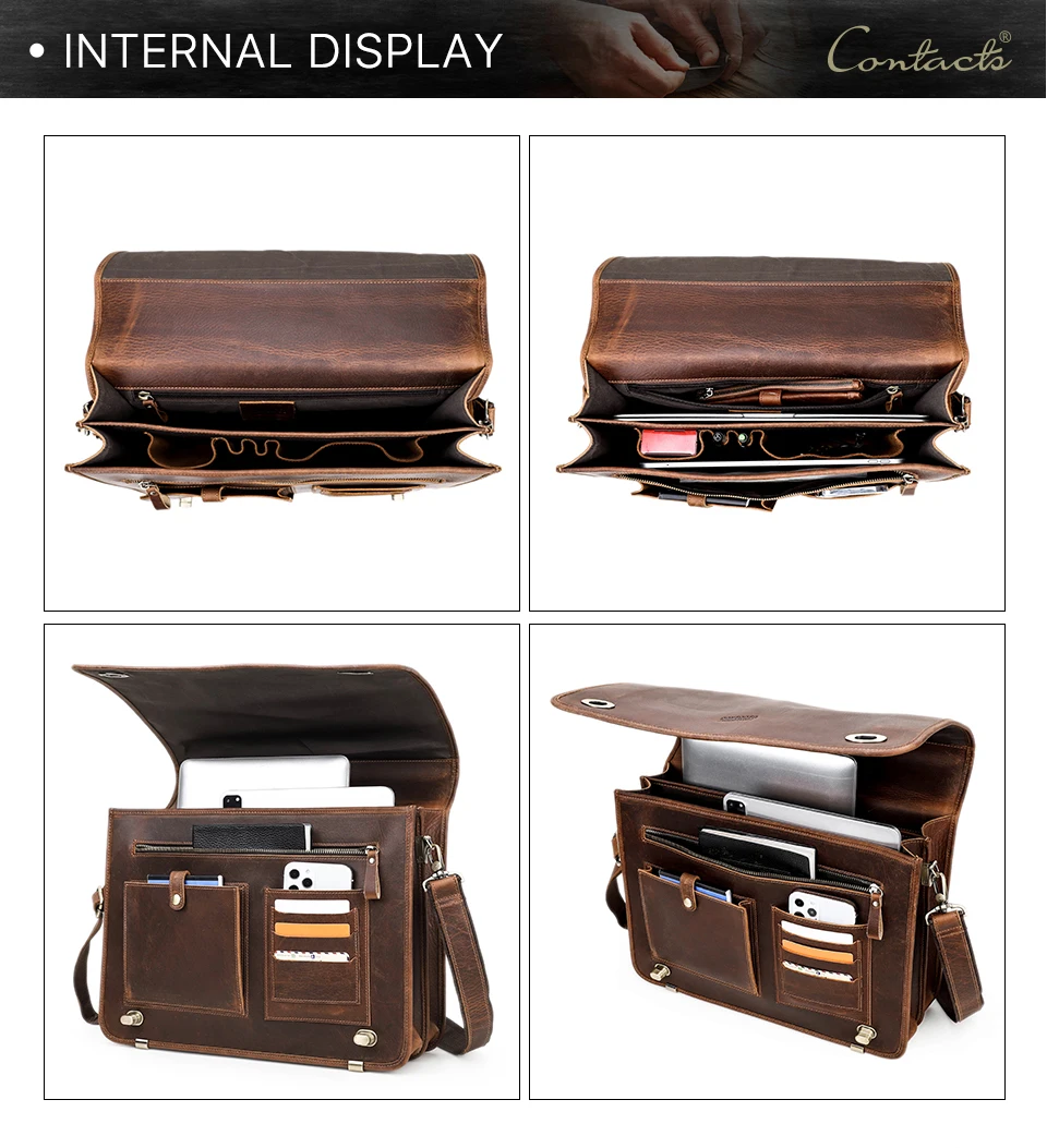 CONTACT'S Business Men Briefcase Crazy Horse Leather Shoulder Messenger Bags Luxury Brand Latop Bag for 15.6 inch Tote Handbags