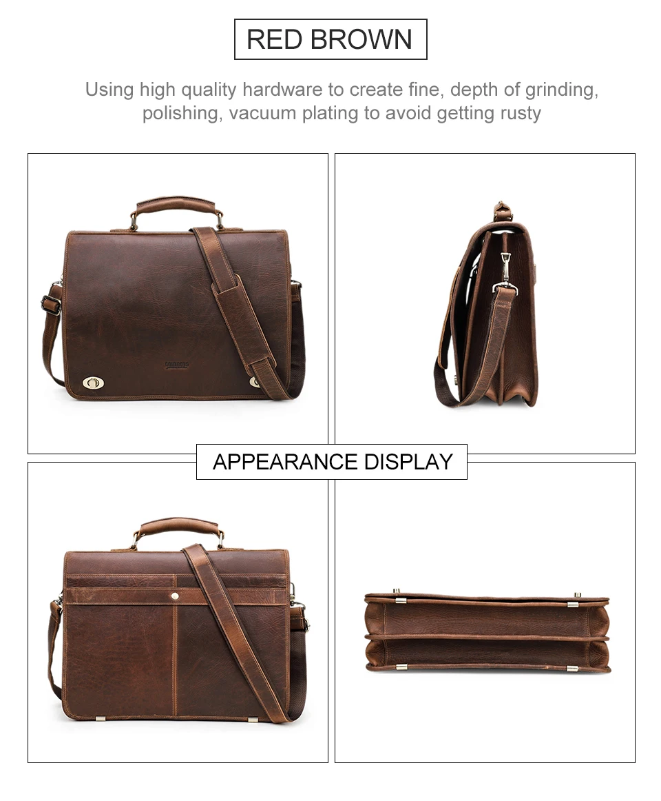 CONTACT'S Business Men Briefcase Crazy Horse Leather Shoulder Messenger Bags Luxury Brand Latop Bag for 15.6 inch Tote Handbags