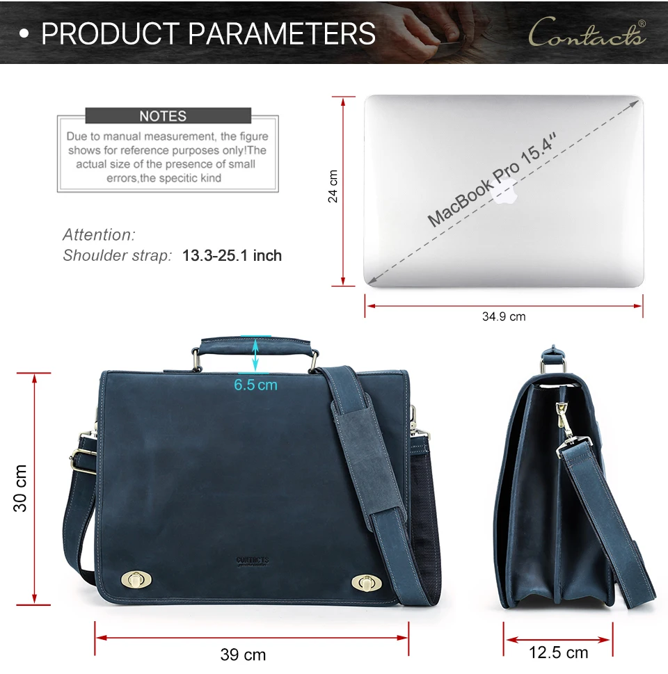 CONTACT'S Business Men Briefcase Crazy Horse Leather Shoulder Messenger Bags Luxury Brand Latop Bag for 15.6 inch Tote Handbags