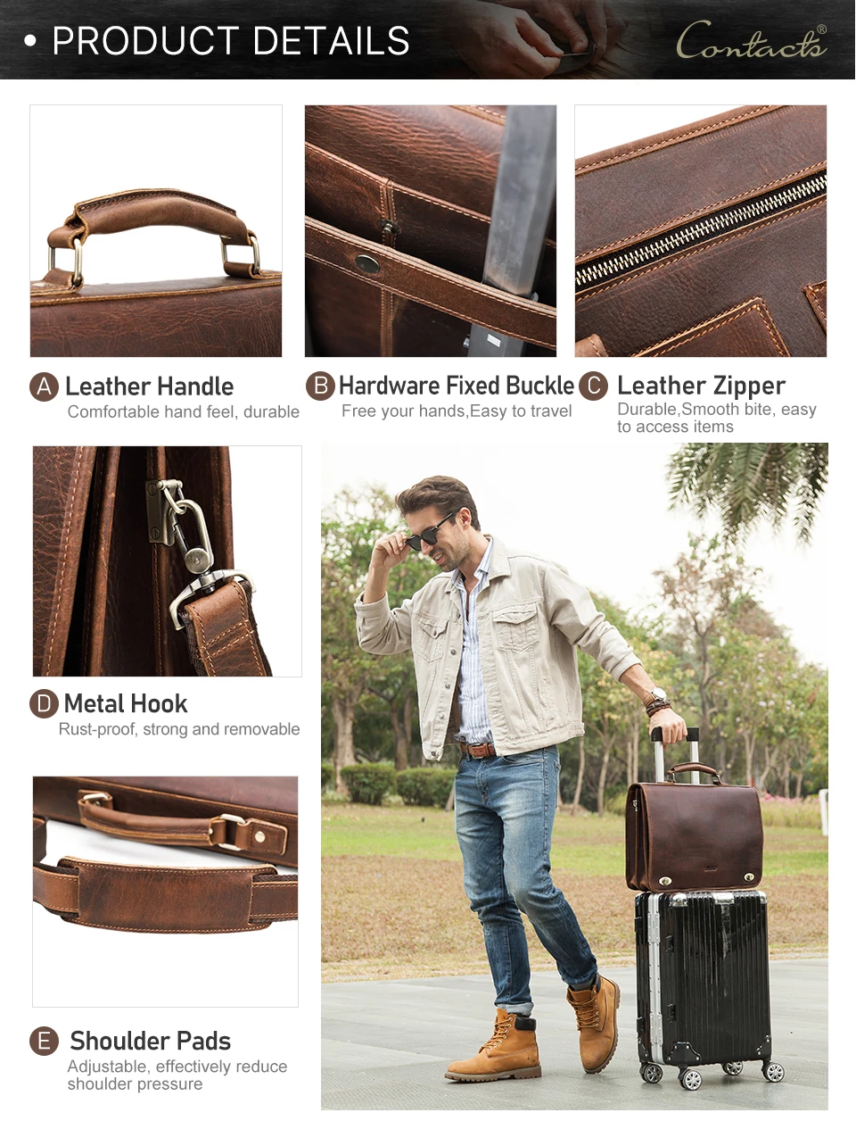 CONTACT'S Business Men Briefcase Crazy Horse Leather Shoulder Messenger Bags Luxury Brand Latop Bag for 15.6 inch Tote Handbags