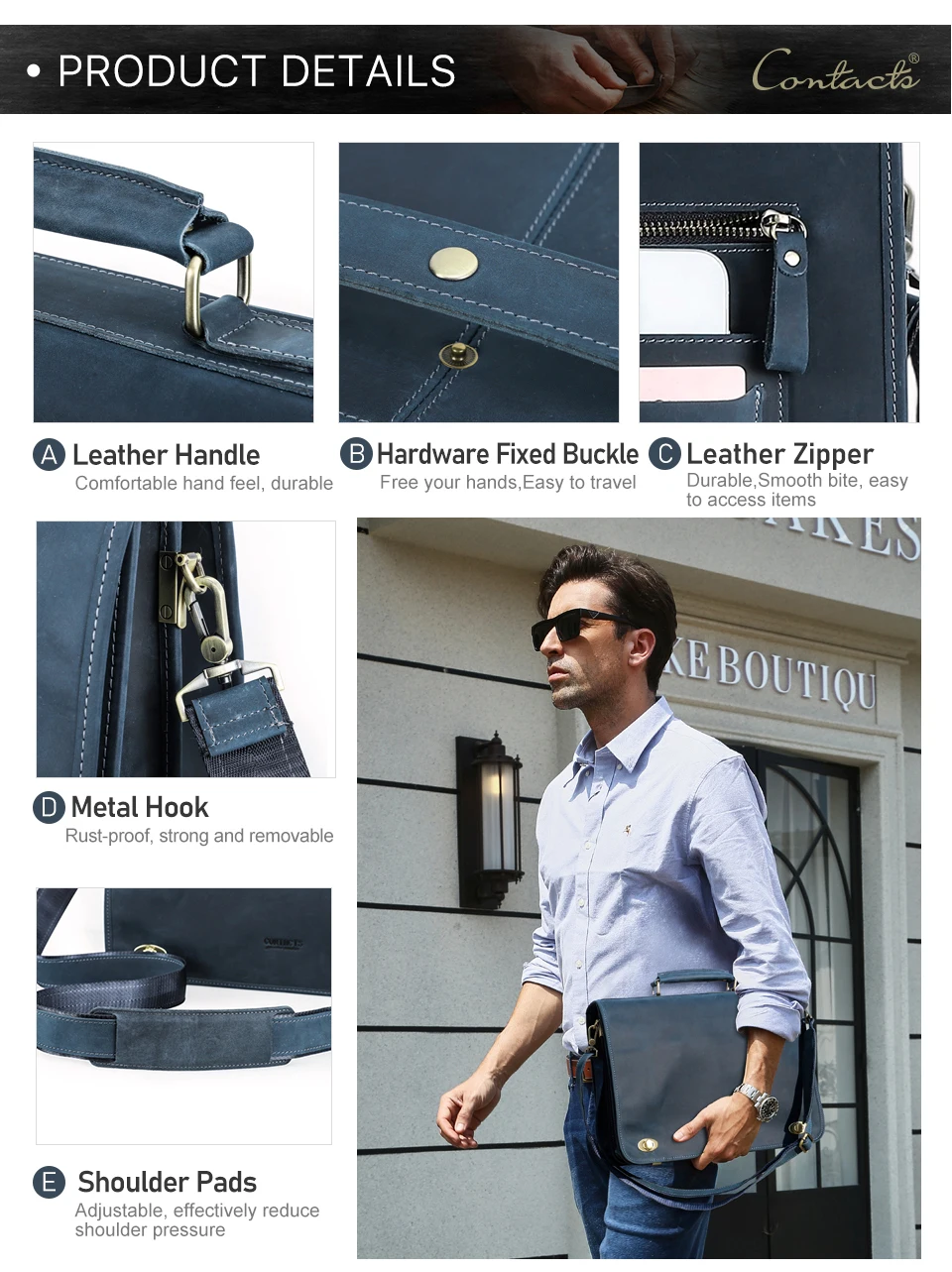 CONTACT'S Business Men Briefcase Crazy Horse Leather Shoulder Messenger Bags Luxury Brand Latop Bag for 15.6 inch Tote Handbags