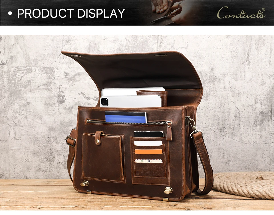 CONTACT'S Business Men Briefcase Crazy Horse Leather Shoulder Messenger Bags Luxury Brand Latop Bag for 15.6 inch Tote Handbags