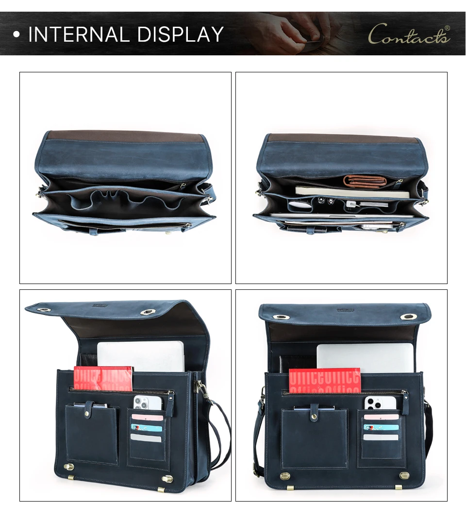CONTACT'S Business Men Briefcase Crazy Horse Leather Shoulder Messenger Bags Luxury Brand Latop Bag for 15.6 inch Tote Handbags