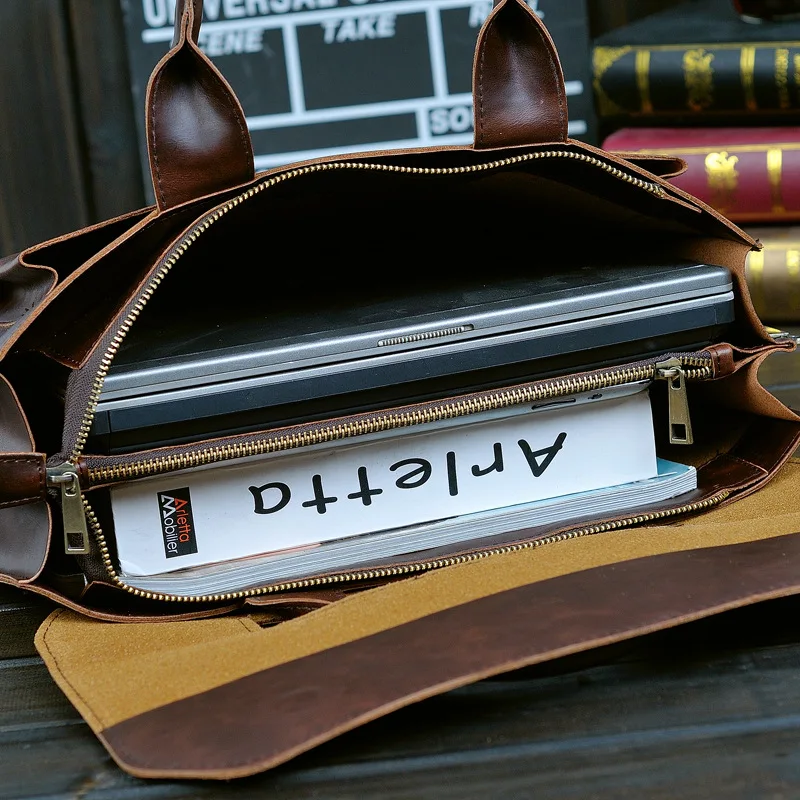 GUMST Retro Men's Briefcase Crazy Horse Leather Laptop Handbag Business Men Messenger Bags Leather Laptop Bag