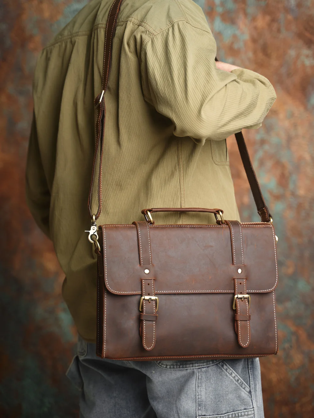 NASVA Genuine Leather Men's Briefcase Retro Handbag Shoulder Laptop Bags Office Bags Document Bags