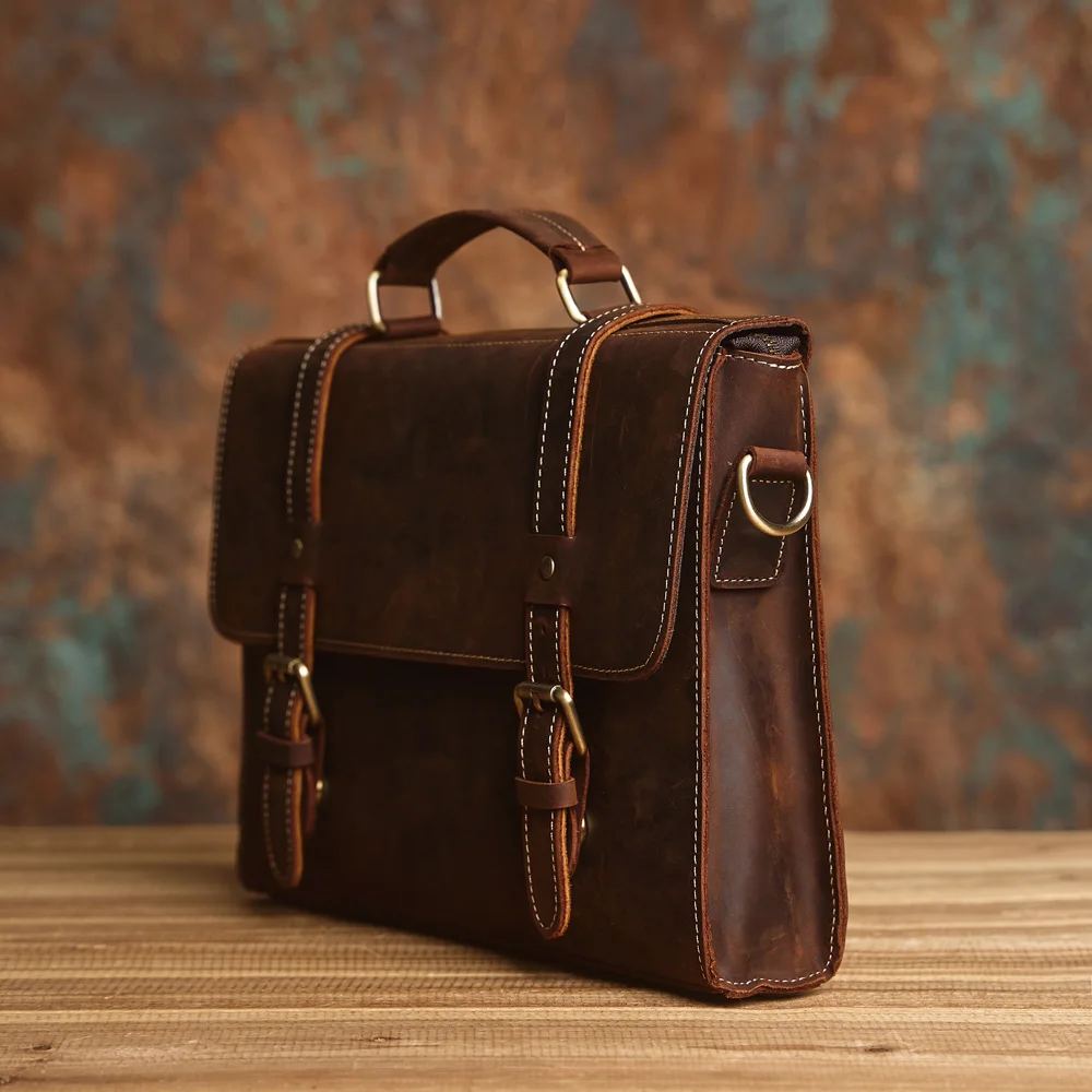 NASVA Genuine Leather Men's Briefcase Retro Handbag Shoulder Laptop Bags Office Bags Document Bags