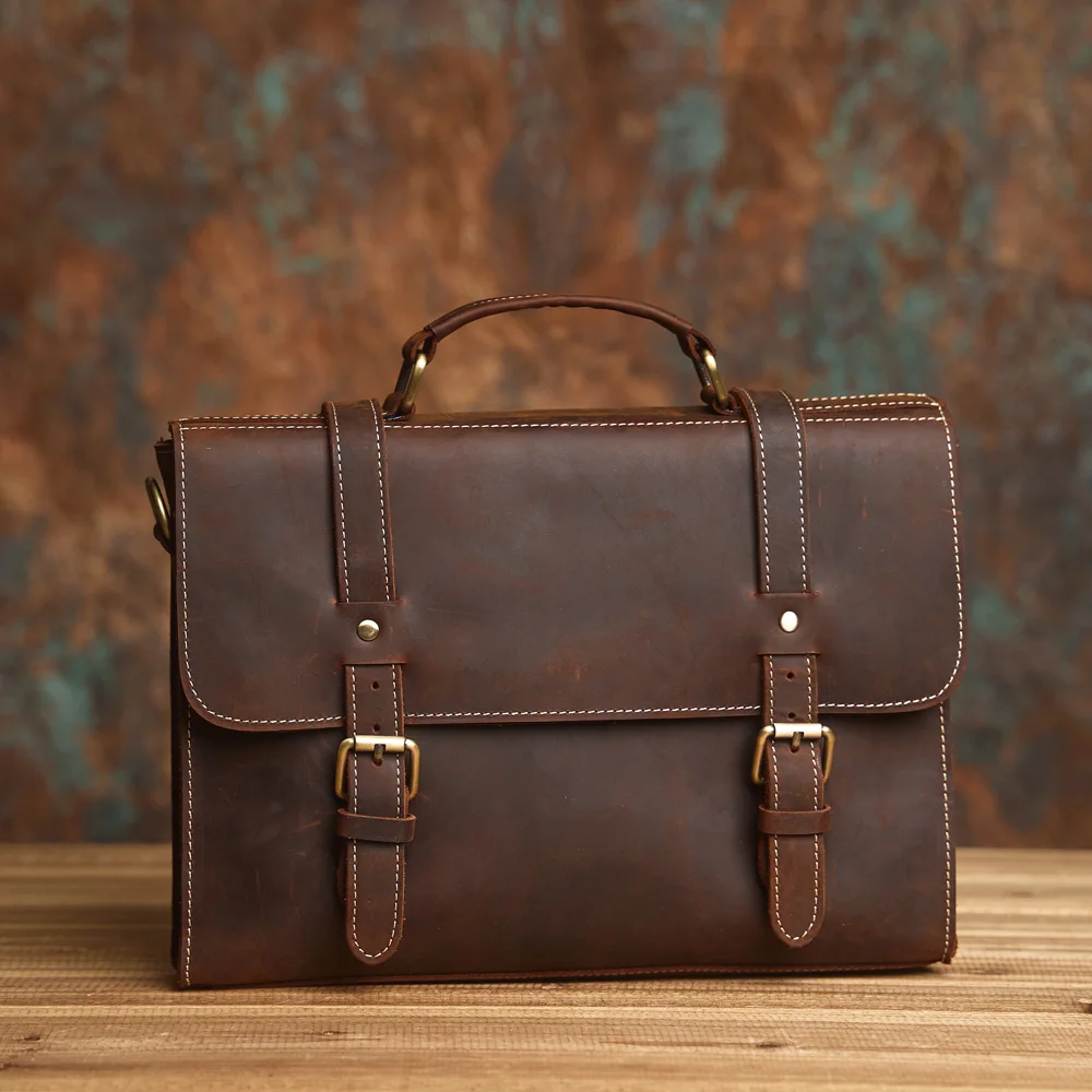 NASVA Genuine Leather Men's Briefcase Retro Handbag Shoulder Laptop Bags Office Bags Document Bags