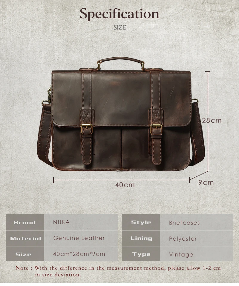 NUKA Men's Executive Briefcase Genuine Leather Business Handbag Top Cowhide Vintage Shoulder Bag Man Office Laptop Messenger Bag