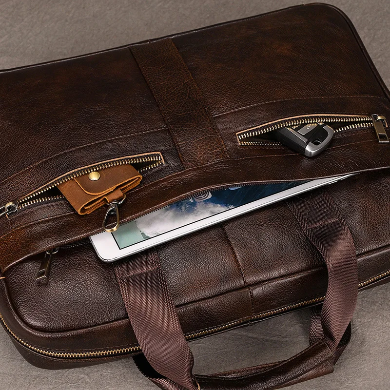 Luufan Genuine Leather Men's Business Handbag 15" Laptop Briefcase Bag Male A4 Document Shoulder Message Computer Bag Work Tote