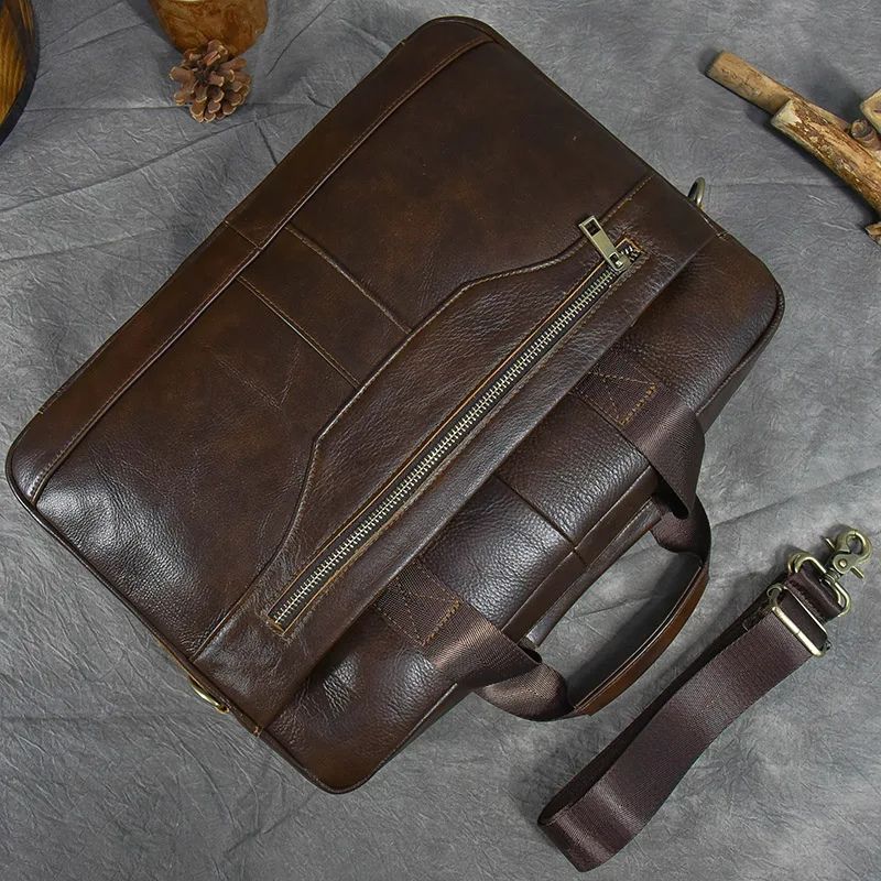 Luufan Genuine Leather Men's Business Handbag 15" Laptop Briefcase Bag Male A4 Document Shoulder Message Computer Bag Work Tote