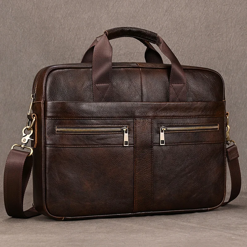 Luufan Genuine Leather Men's Business Handbag 15" Laptop Briefcase Bag Male A4 Document Shoulder Message Computer Bag Work Tote