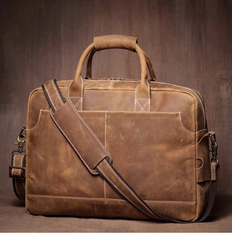 LUOKIR Vintage Crazy Horse Cowhide Handbag Men Leather Lawyer Briefcase Weekend Business Travel Computer Bag For 16 Inch Laptop