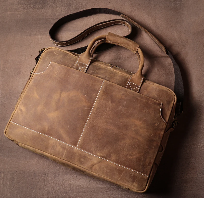 LUOKIR Vintage Crazy Horse Cowhide Handbag Men Leather Lawyer Briefcase Weekend Business Travel Computer Bag For 16 Inch Laptop
