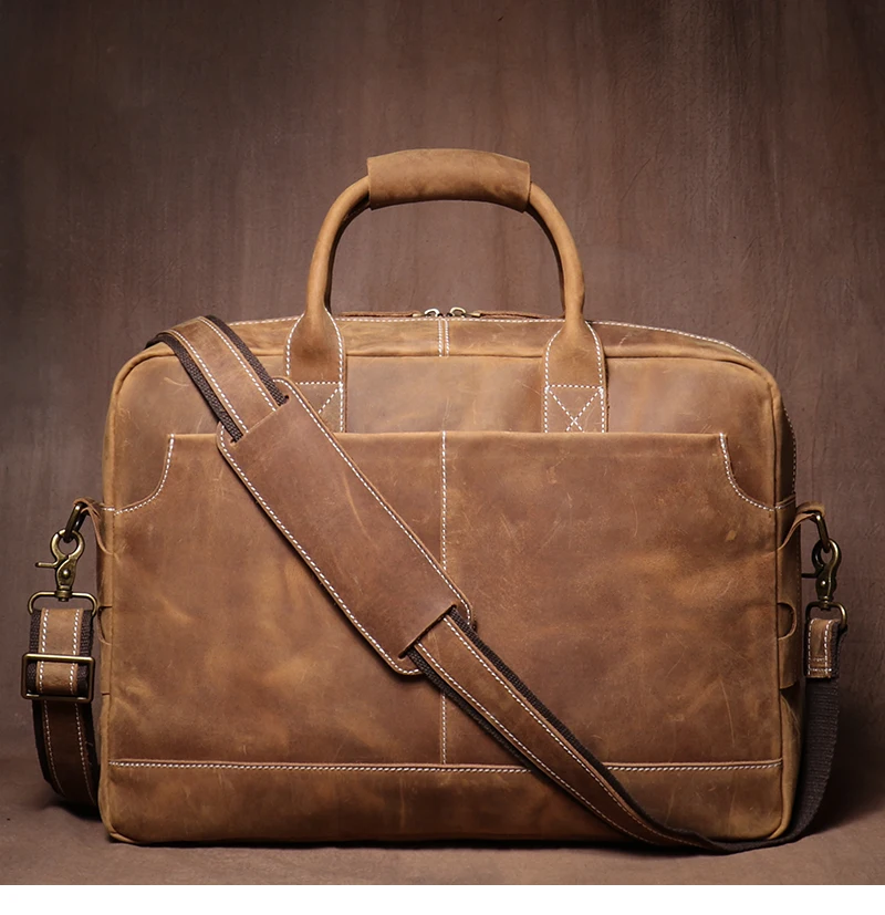 LUOKIR Vintage Crazy Horse Cowhide Handbag Men Leather Lawyer Briefcase Weekend Business Travel Computer Bag For 16 Inch Laptop