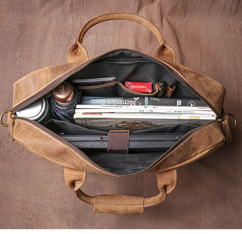 LUOKIR Vintage Crazy Horse Cowhide Handbag Men Leather Lawyer Briefcase Weekend Business Travel Computer Bag For 16 Inch Laptop