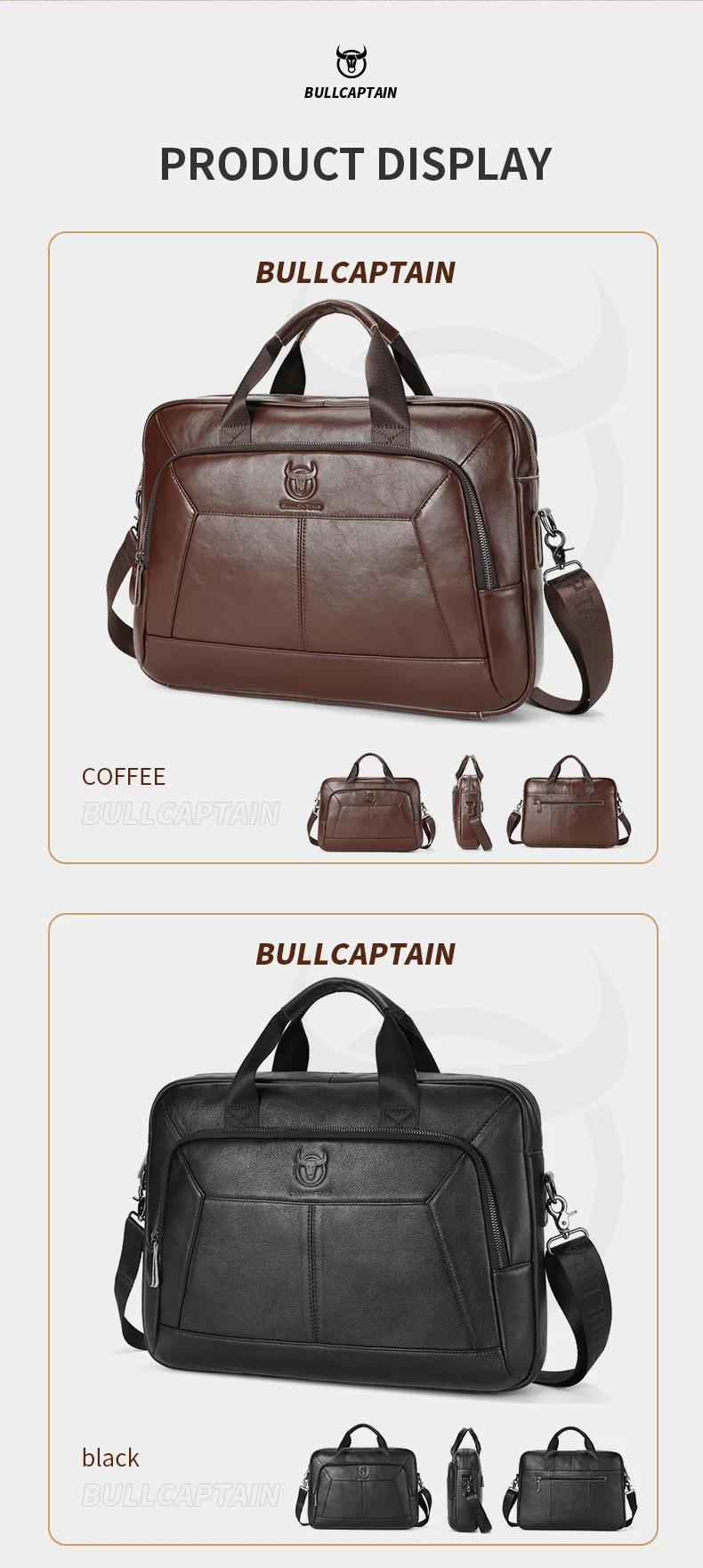 BULLCAPTAIN Men's Genuine Leather Briefcase 15.6 Inch Laptop Bag Business Office Handbag Large Capacity Shoulder Messenger Bag