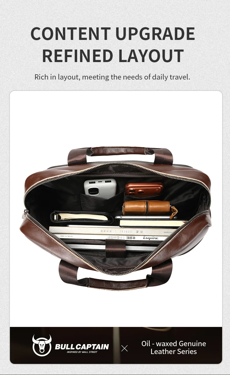 BULLCAPTAIN Men's Genuine Leather Briefcase 15.6 Inch Laptop Bag Business Office Handbag Large Capacity Shoulder Messenger Bag