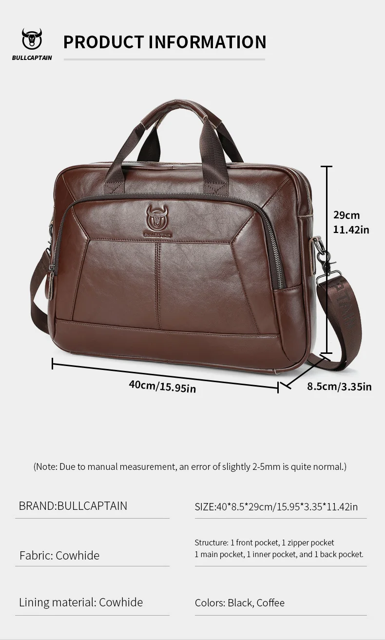 BULLCAPTAIN Men's Genuine Leather Briefcase 15.6 Inch Laptop Bag Business Office Handbag Large Capacity Shoulder Messenger Bag