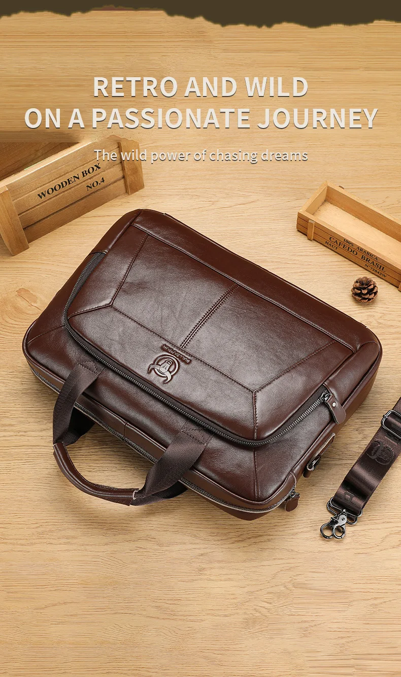 BULLCAPTAIN Men's Genuine Leather Briefcase 15.6 Inch Laptop Bag Business Office Handbag Large Capacity Shoulder Messenger Bag