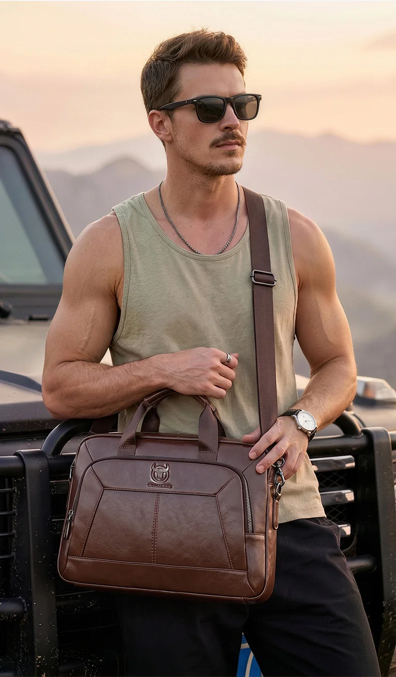 BULLCAPTAIN Men's Genuine Leather Briefcase 15.6 Inch Laptop Bag Business Office Handbag Large Capacity Shoulder Messenger Bag