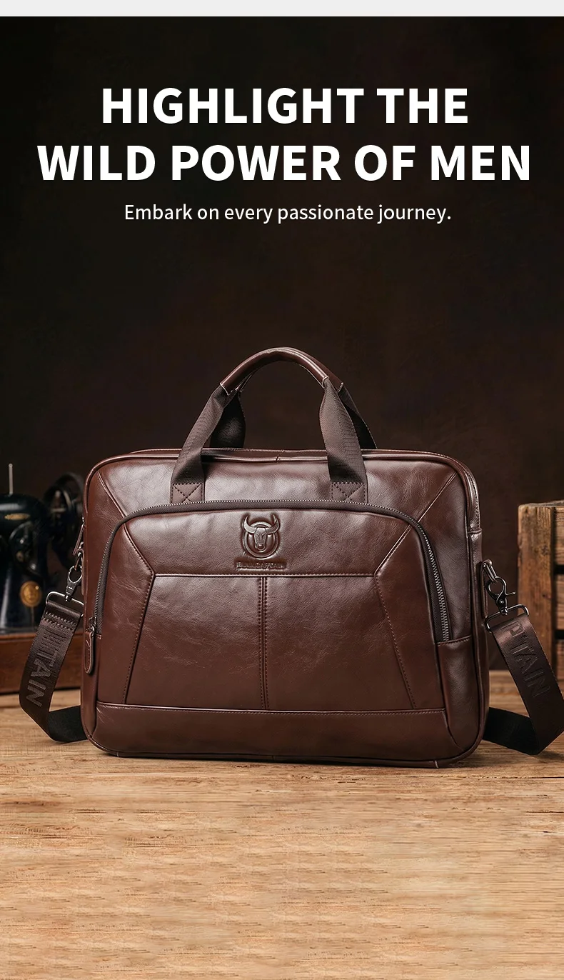 BULLCAPTAIN Men's Genuine Leather Briefcase 15.6 Inch Laptop Bag Business Office Handbag Large Capacity Shoulder Messenger Bag