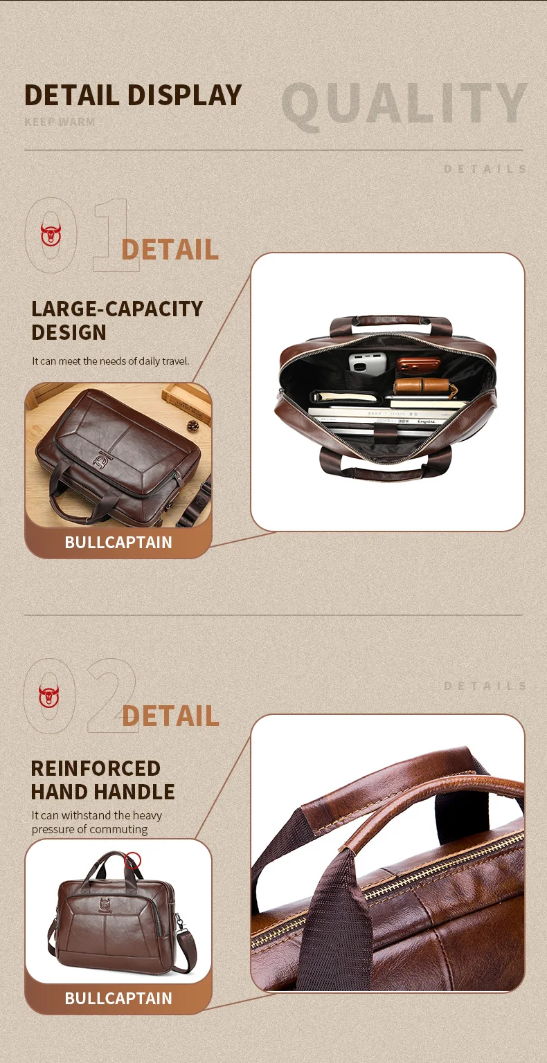 BULLCAPTAIN Men's Genuine Leather Briefcase 15.6 Inch Laptop Bag Business Office Handbag Large Capacity Shoulder Messenger Bag